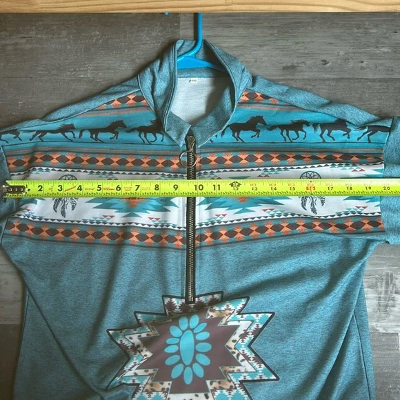 Blue Aztec Horse Print Half-Zip Up Jacket Womens 1XL Fits like Medium - Picture 5 of 9